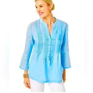 Lilly Pulitzer sarasota linen tunic S blue lightweight office pleated work